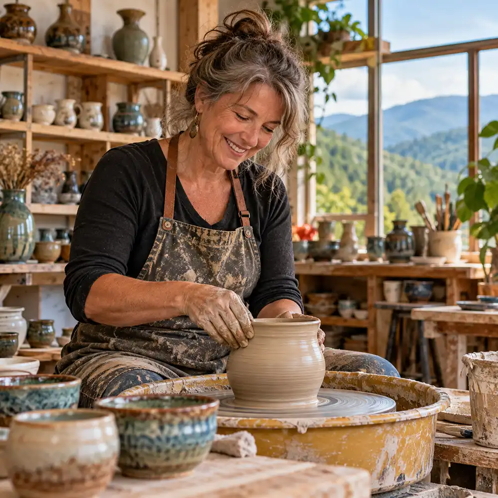 WNC pottery artist shaping a handmade clay vessel in her studio, with the Blue Ridge Mountains in the background.